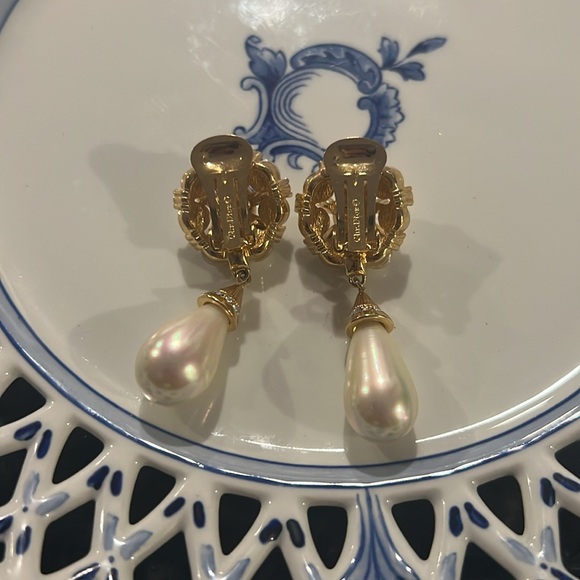 Christian Dior Vintage Clip-On Earrings Dripping in Crystals and Pearls - Picture 2 of 5
